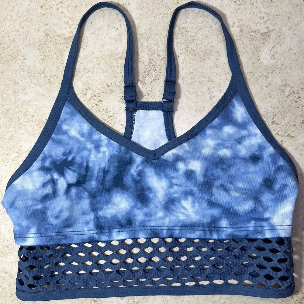 Victorias Secret PINK Ultimate Sports Bra XS Blue Tie Dye Boho Cage Strappy Yoga